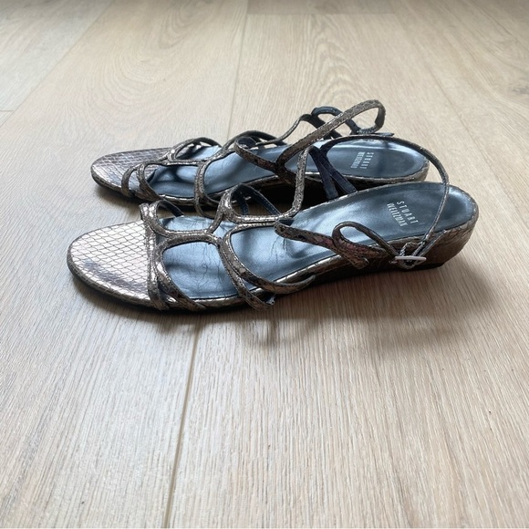 Stuart Weitzman Silver Leather Snake Printed Strappy Sandals 10 - Picture 2 of 6